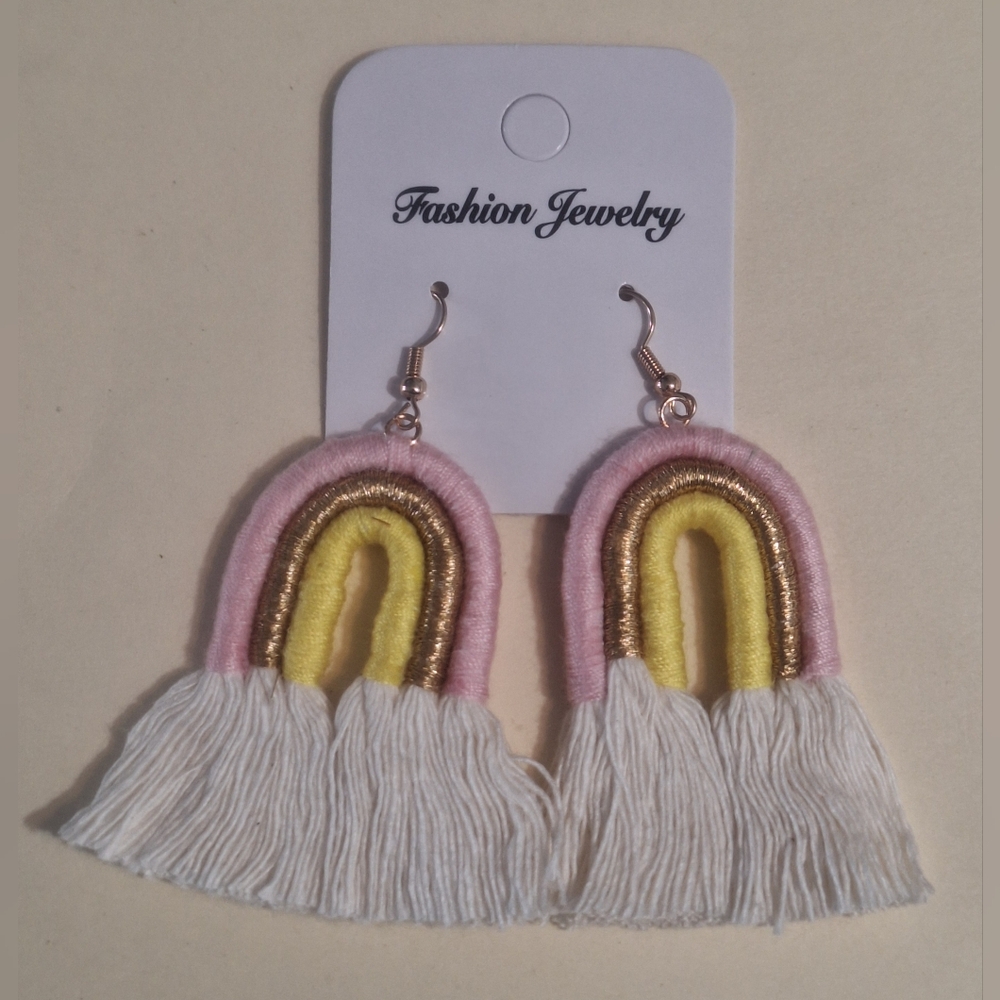 Rainbow; Yellow, Gold, Pink & Cream Pierced Earrings 3" long NWT